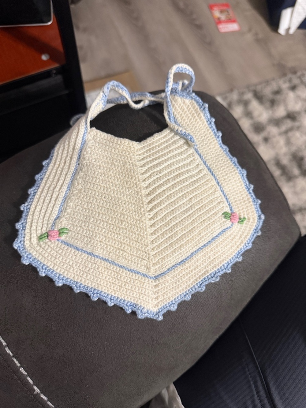 Cream and Blue Crochet Baby Bib with Pink Rose Embroidery vintage